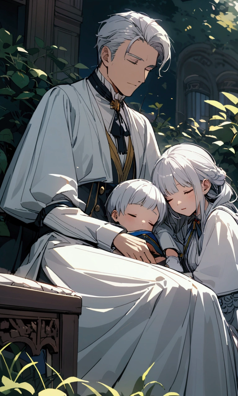 A handsome duke in Nobel household clothes is sleeping on a garden beside a girl with silver hair.