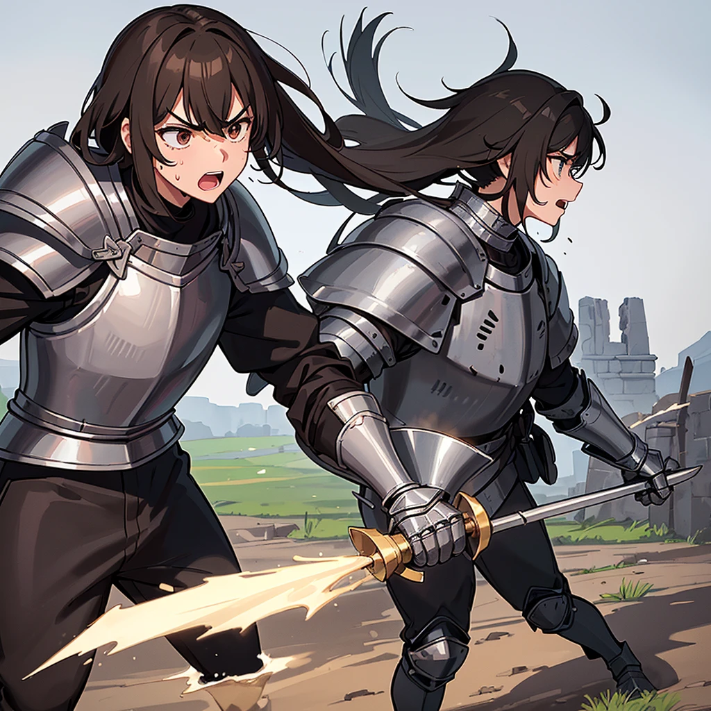 Best illustrations、Best Quality、(((Simple grey armor、Black trousers、Black gloveedium Hair、Brown Hair、Plate Armor、20 year old man)))、(((Fighting Pose)))、(Old ruins、desert。Grass)、Fall to the floor、(Black, muddy swamp)、(中世の騎士が10 people)、(Close your eyes、get annoyed、Open your mouth、Get angry、Sweat)、(lots of medieval knights、10 people)、battlefield、(From below)、(White background)