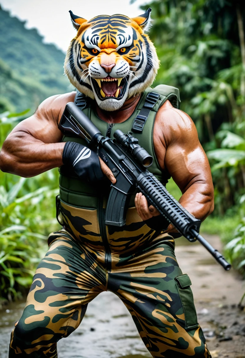 (a dark-skinned fat muscular old man in a bulky camouflage zipper diver suit) shooting with a gun and (wearing roaring siberian tiger mask that show the wearer eyes), muscular, Basuki Abdullah, sumatraism, action, a character portrait, heroic, fierce, snarling, flexing his biceps