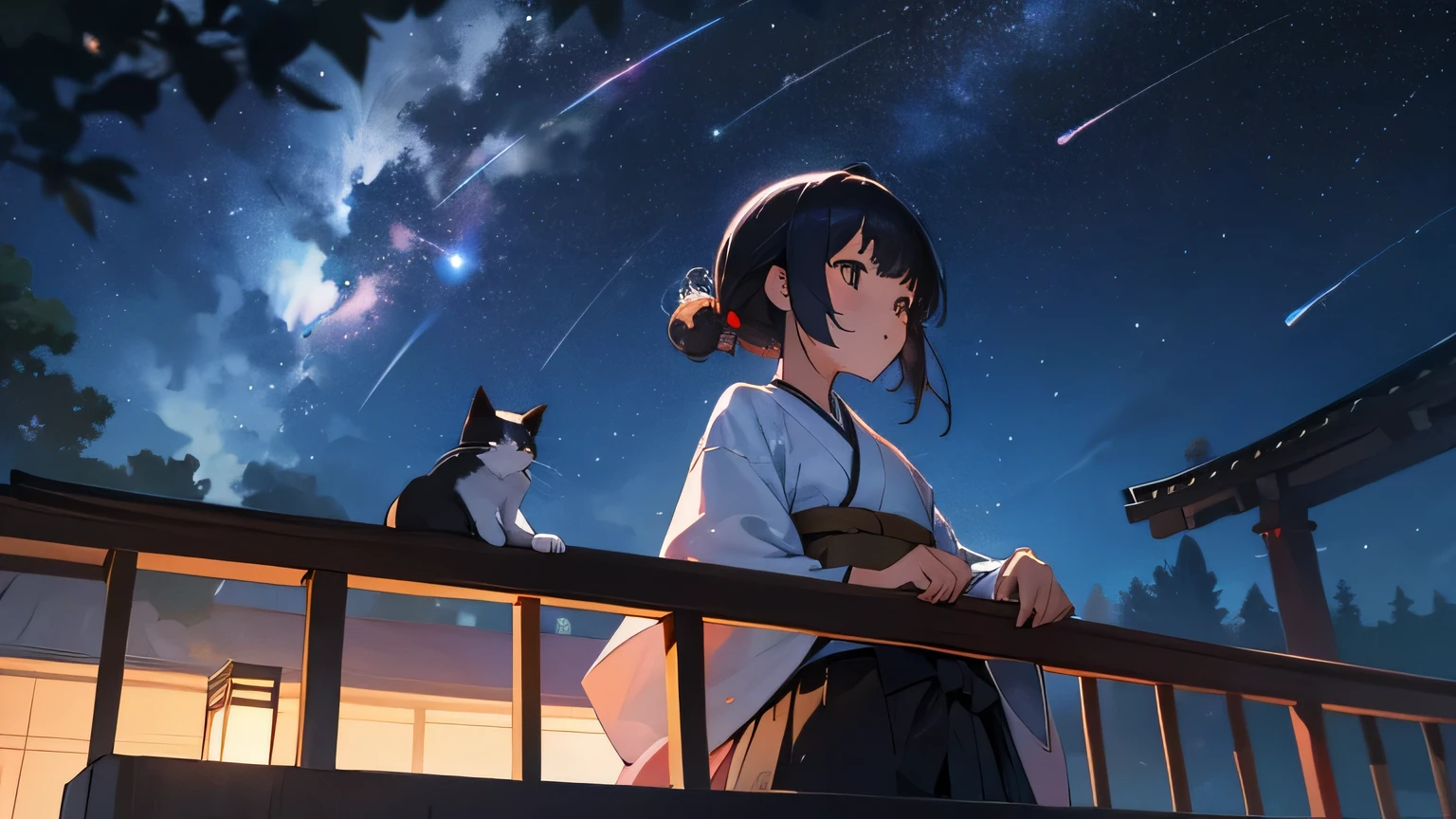 a japanese girl looking above night sky stars at the balcony with a cat
