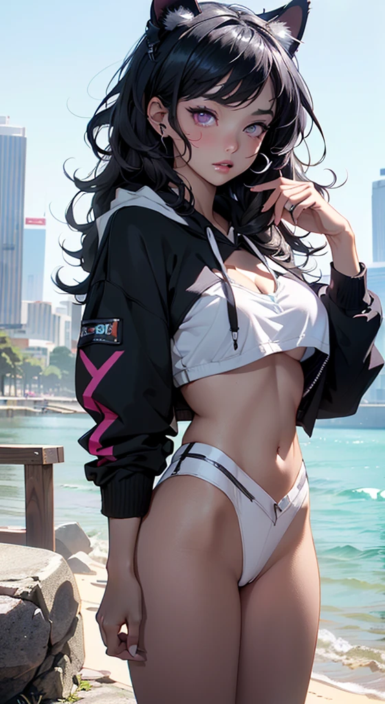 girl spacepunk,(((1girl))),((anime girl with extremely cute and beautiful black hair cat ears walking seductively down the street)),

(large breasts:1.4),saggy breasts,((((black hair,messy hair,colored inner hair,large hair,absurdly long unkempt hair:1.35,long hair,ear breathing)))),((((cat ears,cat ears on head,big cat ears)))),((pink eyes:1.3,upturned eyes:1.3,perfect eyes,beautiful detailed eyes,rainbow glows ultra-detailed deep pink purple eyes:1.1,gradient eyes:1,finely detailed beautiful eyes:1,symmetrical eyes:1,big highlight on eyes:1.2)),((fat)),(((lustrous skin:1.5,bright skin: 1.5,skin tanned,shiny skin,very shiny skin,shiny body,plastic glitter skin,exaggerated shiny skin))),(spider lower abdomen,narrow waist,wide hip,athletic body,inflated legs,delicate detailed fingers,detailed body,detailed arms,human hands,(detailed face)),

cute,slutty,seductive,erotic,(((nsfw))),

zettai ryouiki,revealing clothing,show skin,((((underboob)))),(cleavage),(semi-naked,with little clothing,((tiny thong)),bare legs,visible thong straps),((((crop top hoodie,cropped hoodie,hoodie,hoodie intricate)))),((detailed outfit,detailed clothes)),

(dynamic pose:1.0),solo focus,embarrassed,centered,scale to fit dimensions,Rule of thirds,

((((Cityscape by the ocean,oceanfront,ocean in the background,futuristic constructions and towers that come out of the water)))),thick clouds,very cloudy sky,futuristic cityscape,((synthwave theme background)),((detailed background:1.25)),

(best quality,high resolution,sharp focus,ultra detailed,extremely detailed,extremely high quality artwork,(realistic,photorealistic:1.37),8k_wallpaper,(extremely detailed CG 8k),(very fine 8K CG),((hyper super ultra detailed perfect piece)),flawless,(((masterpiece))),illustration,vibrant colors,(intricate),High contrast,Selective lighting,Double exposure,HDR (High Dynamic Range),Post-processing,Background blur,