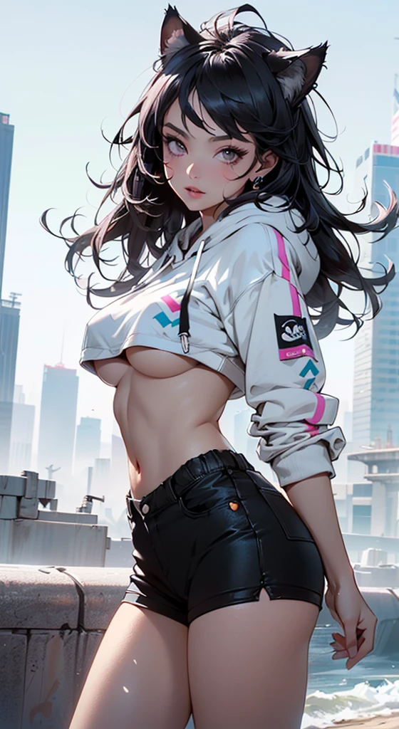 girl spacepunk,(((1girl))),((anime girl with extremely cute and beautiful black hair cat ears walking seductively down the street)),
(large breasts:1.4),saggy breasts,((((black hair,messy hair,colored inner hair,large hair,absurdly long unkempt hair:1.35,long hair,ear breathing)))),((((cat ears,cat ears on head,big cat ears)))),((pink eyes:1.3,upturned eyes:1.3,perfect eyes,beautiful detailed eyes,rainbow glows ultra-detailed deep pink purple eyes:1.1,gradient eyes:1,finely detailed beautiful eyes:1,symmetrical eyes:1,big highlight on eyes:1.2)),((fat)),(((lustrous skin:1.5,bright skin: 1.5,skin tanned,shiny skin,very shiny skin,shiny body,plastic glitter skin,exaggerated shiny skin))),(spider lower abdomen,narrow waist,wide hip,athletic body,inflated legs,delicate detailed fingers,detailed body,detailed arms,human hands,(detailed face)),
cute,slutty,seductive,erotic,(((nsfw))),
zettai ryouiki,revealing clothing,show skin,((((underboob)))),(cleavage),(semi-naked,with little clothing,((tiny thong)),bare legs,visible thong straps),((((crop top hoodie,cropped hoodie,hoodie,hoodie intricate)))),((detailed outfit,detailed clothes)),
(dynamic pose:1.0),solo focus,embarrassed,centered,scale to fit dimensions,Rule of thirds,
((((Cityscape by the ocean,oceanfront,ocean in the background,futuristic constructions and towers that come out of the water)))),thick clouds,very cloudy sky,futuristic cityscape,((synthwave theme background)),((detailed background:1.25)),
(best quality,high resolution,sharp focus,ultra detailed,extremely detailed,extremely high quality artwork,(realistic,photorealistic:1.37),8k_wallpaper,(extremely detailed CG 8k),(very fine 8K CG),((hyper super ultra detailed perfect piece)),flawless,(((masterpiece))),illustration,vibrant colors,(intricate),High contrast,Selective lighting,Double exposure,HDR (High Dynamic Range),Post-processing,Background blur,