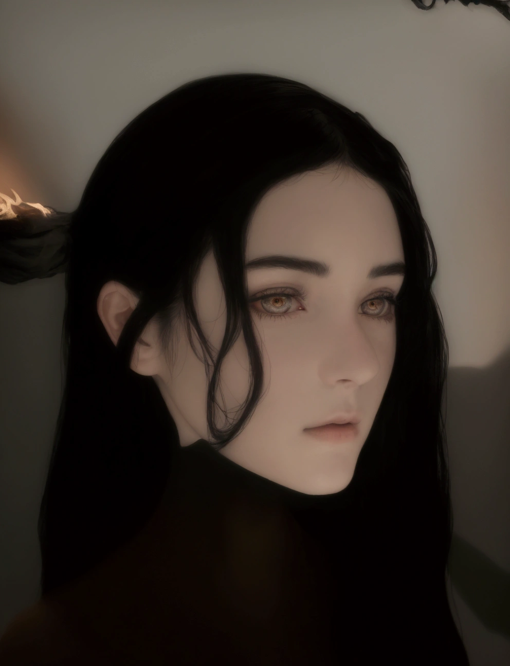 18 year old woman with black hair, pale, caucastian, lit from beneath. shadows on face. darkness, high contrast