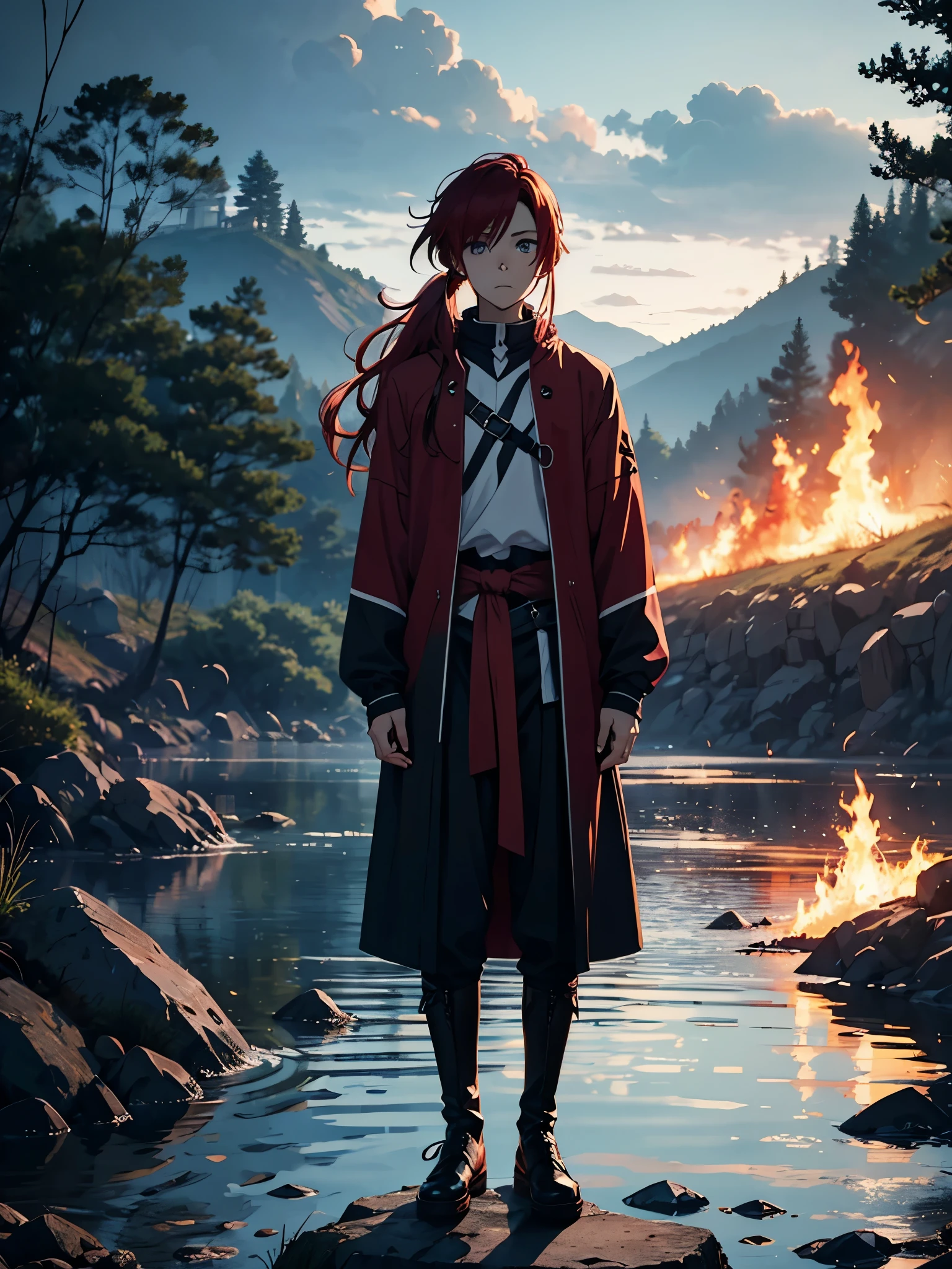 Zopf. Ponytail. More anime style. blue flames. 2d. flatter. anime style. Viking clothing. soft. More anime. Standing in a lake. More anime. More 2d. Clean. More anime. 2d. Glow. Red hair. More anime. male. Long hair. long red hair. boy, vikings. red hair. Blue eyes. fire.