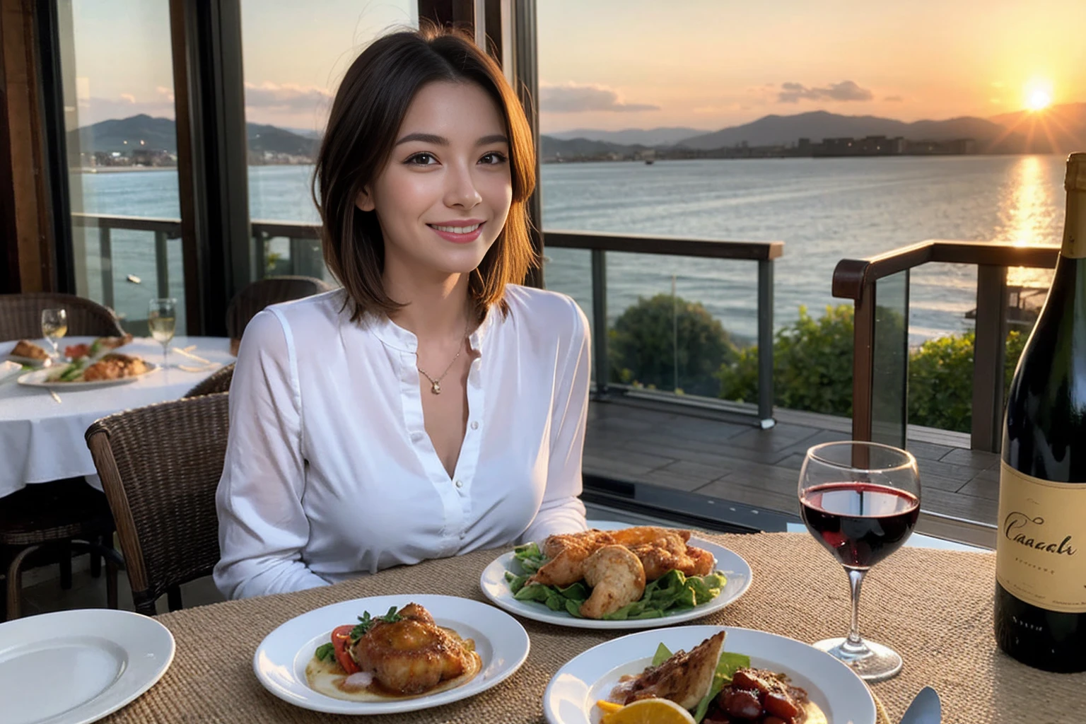 (Realistic:1.1),(masterpiece,Highest quality),8k,(40 years old), 42 years old, slimカップル、Model Couple、Actress/Actor、Tight waist,Upper Body,full-course dinner、wine 、Amazing view of the sunset sky and clouds、Perfect Anatomy, Brown Hair, Short Hair,Random Hairstyles,((Highly detailed face and eyes:1.2))(cute顔:1.4),Beautiful actress face,Perfect golden ratio face,Long sleeve shirt、dress,(smile:1.2)、Shortcuts、cute、(Realistic, Intricate details:1.2), A bright smile、short hair,Bright Face、赤wine 、Appetizers、Italian food、wine bottle、Champagne、スパークリングwine、(slimな顔), (The body is slim), (Brown Hair), (Shortcuts), Upper Body, 白wine, slim, wineグラス,