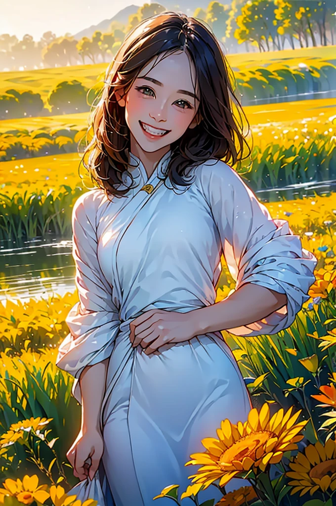 (in 8K、top-quality、​masterpiece:1.2)、One woman、(Smiling smile:1.1)、beautidful eyes、Valley、The upper part of the body、length hair、Like a boy、Longhaire、Yellow View、