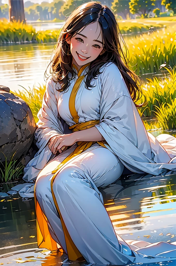 (in 8K、top-quality、masterpiece:1.2)、One woman、(Smiling smile:1.1)、beautidful eyes、Valley、The upper part of the body、length hair、Like a boy、Longhaire、Yellow View、