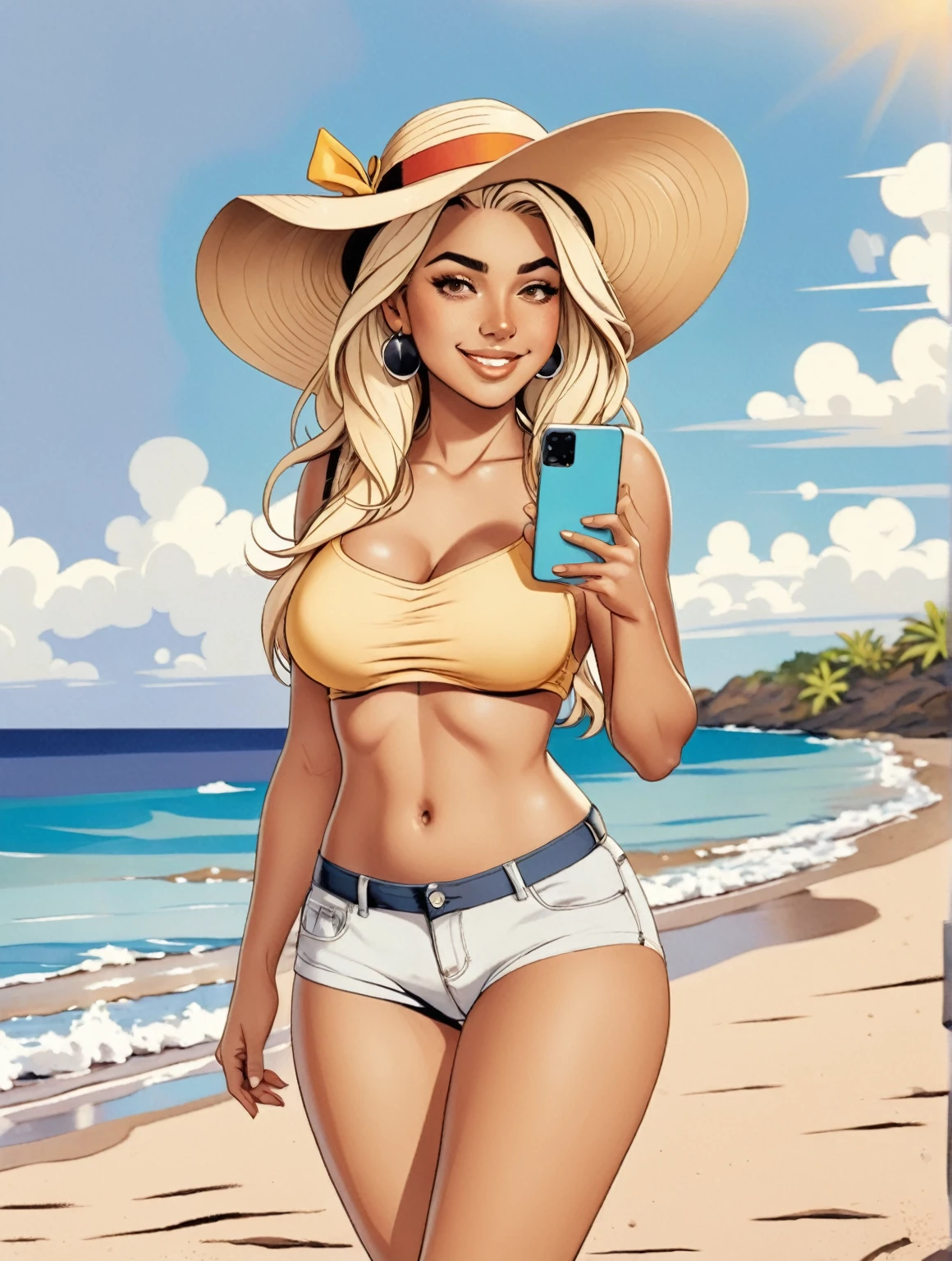 Beautiful latin american woman with tanned skin, freckles in her face, platinum blonde long hair, wearing a stylish beach outfit, minishorts, sunhat, (1 Girl), (Full Body), Beautiful face, smiling, taking a picture with her phone, ((Perfect face)), ((hyper bronze skin)), ((tan skin)), natural light, beautiful lighting, beautiful colors, semi realistic style, ((Beautiful detailed eyes)), ((Beautifull detailed face)), ((high detail)), ((High Definition)), (Flat Colors), (Celshading), (Illustration style), ((Lineart)), ((Perfect Lines))