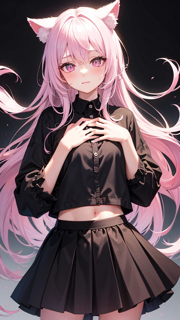 Center of chest,pretty girl,Cat ear,Beautiful silver hair,Pink inside,Beautiful pink eyes,black shirt,black skirt,dark