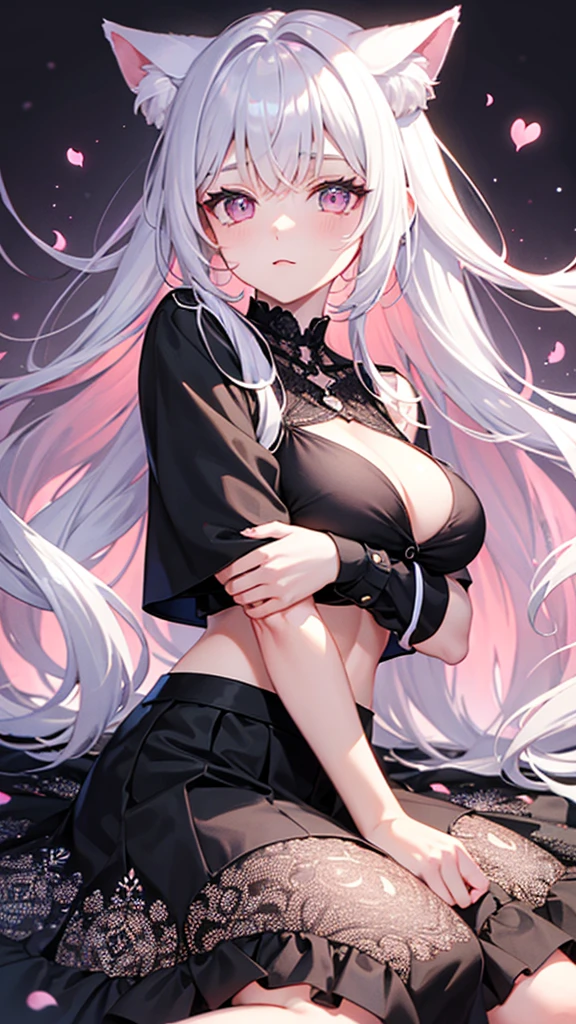 Center of chest,pretty girl,Cat ear,Beautiful silver hair,Pink inside,Beautiful pink eyes,black shirt,black skirt,dark