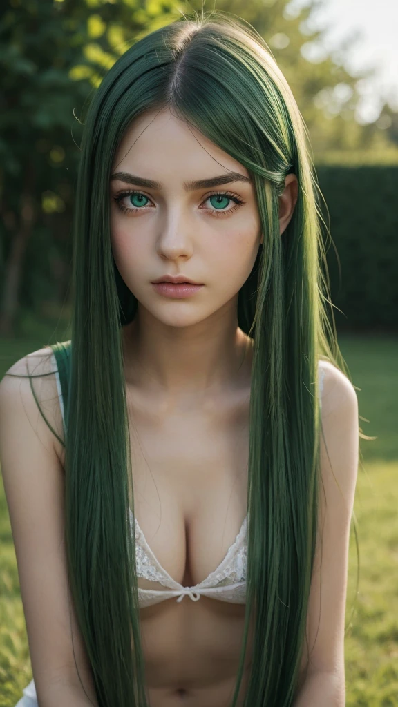 a girl. face sent feeling. Europe. Oval face. long face. delicate facial features. sad and disappointed eyes. seductively seductive. green eyes. long straight hair. green hair. sad expression. straight face. shy posture. outdoor