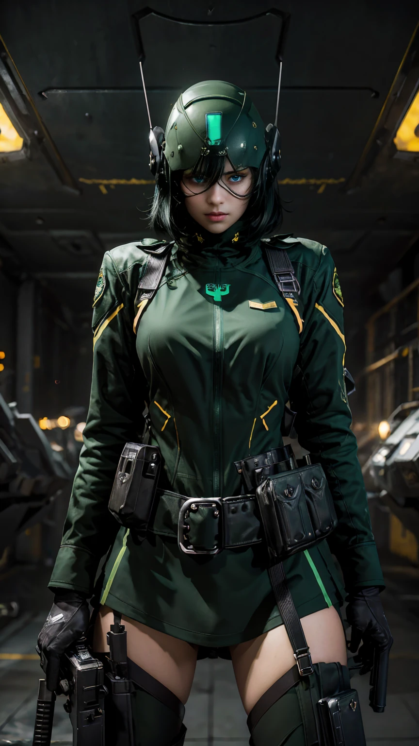 from bottom, low view shot, in the heart of a future army, a young beautiful woman with a soldier style haircut with a helmet, middle green middle black hair, sexy rebel army uniform, holding a big gun. in a military base, in an alien war, laser, guns, sensual pose, create an atmosphere of alien war, energy and neon lights. good quality eyes, cyan eyes, ultra detailed, beautiful and aesthetically pleasing, masterpiece, 4k, ray tracing, medium body, close-up, low view, particles and hard neon sparkles, focus on green and black color