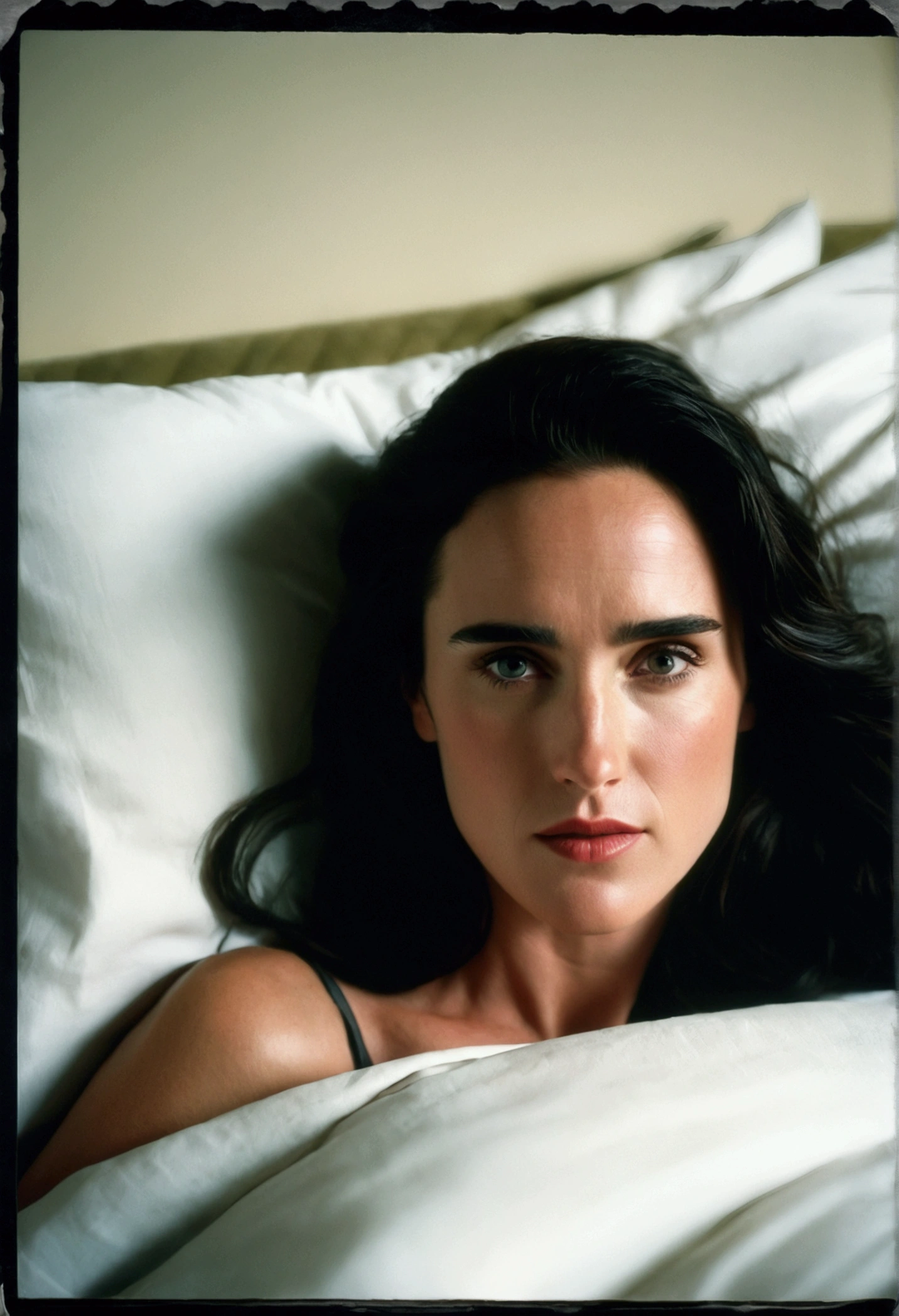 misture rosto Jennifer Connelly. foco nitido. foto raw. foto realista. polaroide. bed expression pleasure.