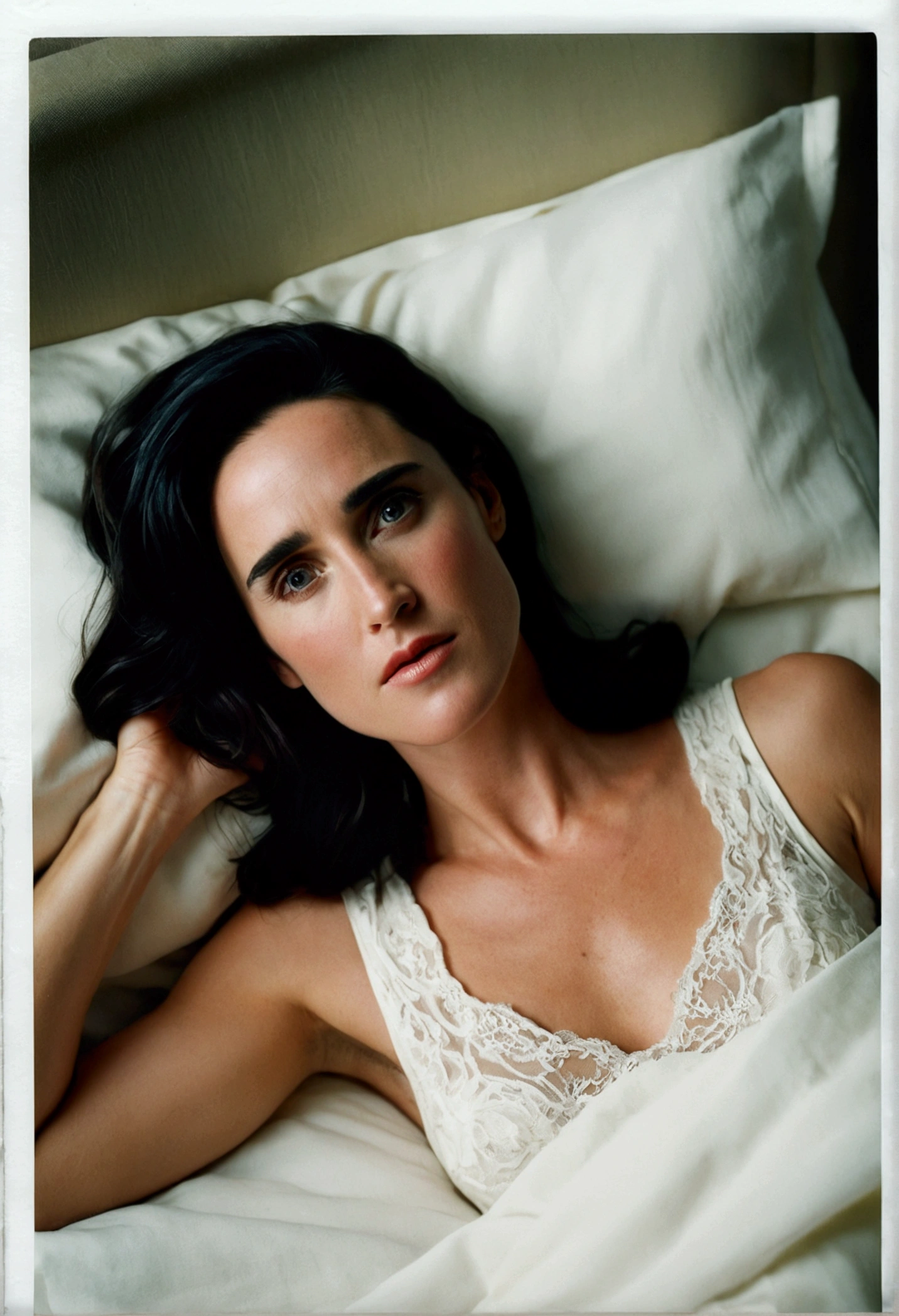 misture rosto Jennifer Connelly. foco nitido. foto raw. foto realista. polaroide. bed expression pleasure.