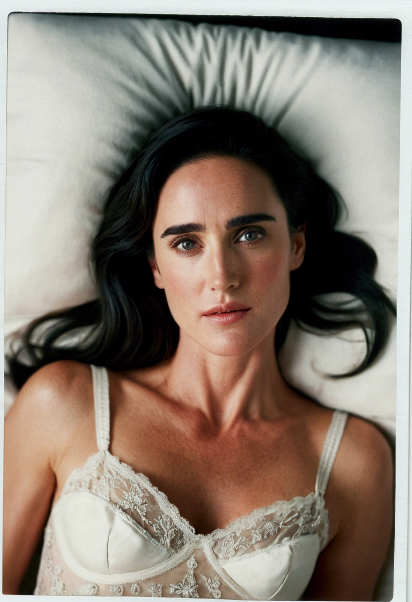 misture rosto Jennifer Connelly. foco nitido. foto raw. foto realista. polaroide. bed expression pleasure.