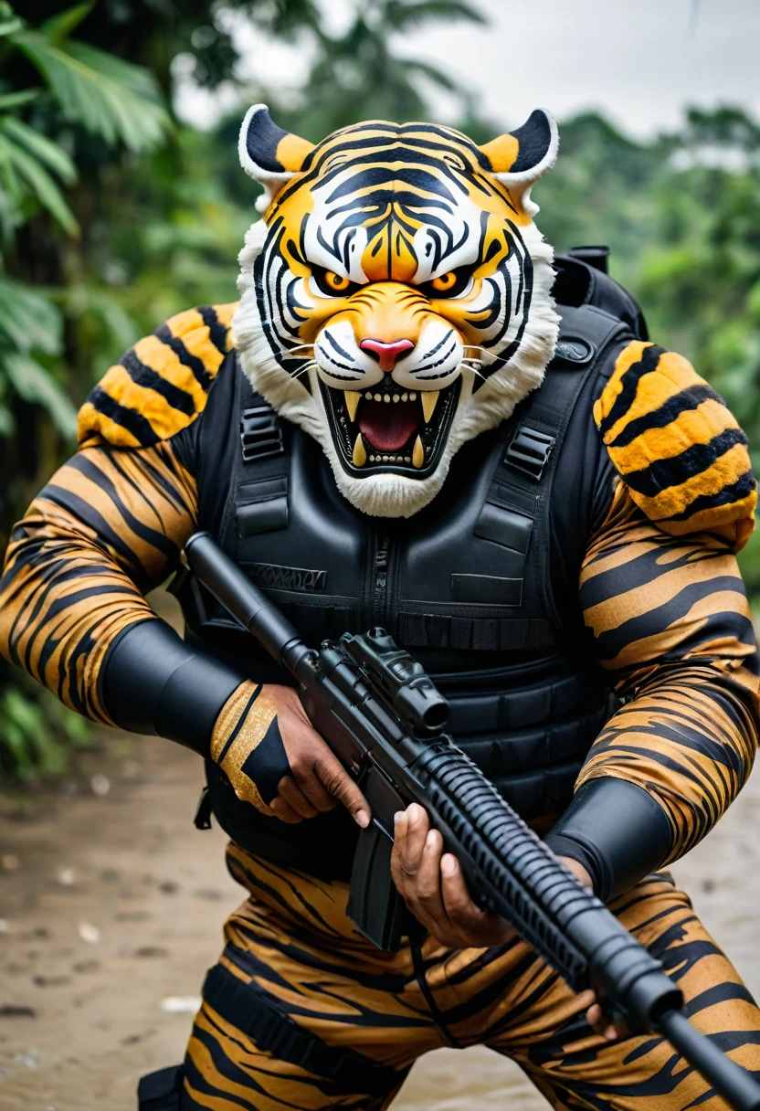 (a dark-skinned fat muscular old man in a bulky camouflage zipper diver suit) shooting with a gun and (wearing roaring siberian tiger mask that show the wearer eyes), muscular, Basuki Abdullah, sumatraism, action, a character portrait, heroic, fierce, snarling, raising fist