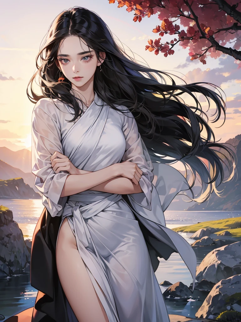 Female, 24 years old, beautiful, cute, long black hair., Male, 24 years old, black hair, handsome, cool. , Looking at the face, showing love ,Wrap your arms around your waist. ,4K ,realistic , 8k ,sharp ,natural scenery background