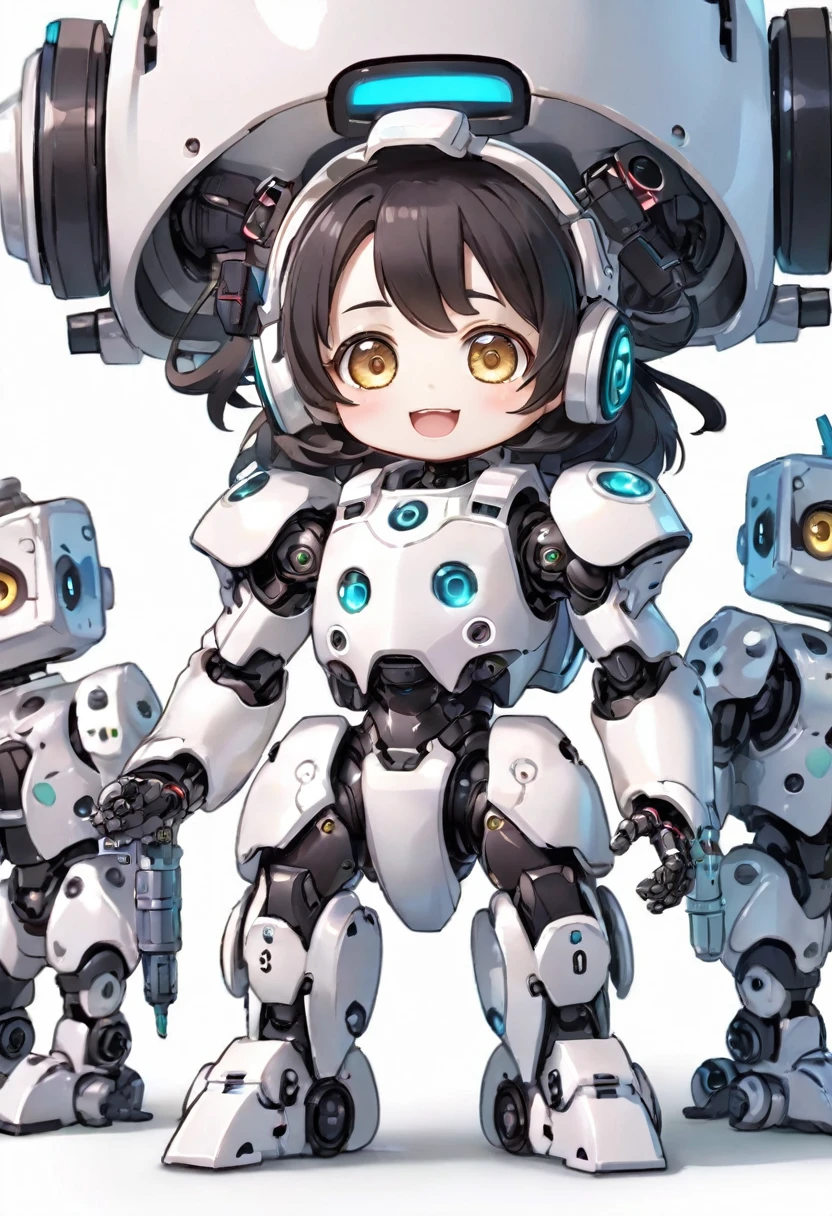 ((Dice-themed robot)), 3D Rendering, Jongsuk Lee, Digital Art, Adorable glowing creatures, Nendoroid-like style, Futuristic Gear Shiny Armor、A cute girl robot、Big eyes、antenna、Electronic display panel on chest、Holding the microphone close to his mouth while speaking、Smiling Kindly、((whole body、Background is white))、Are standing