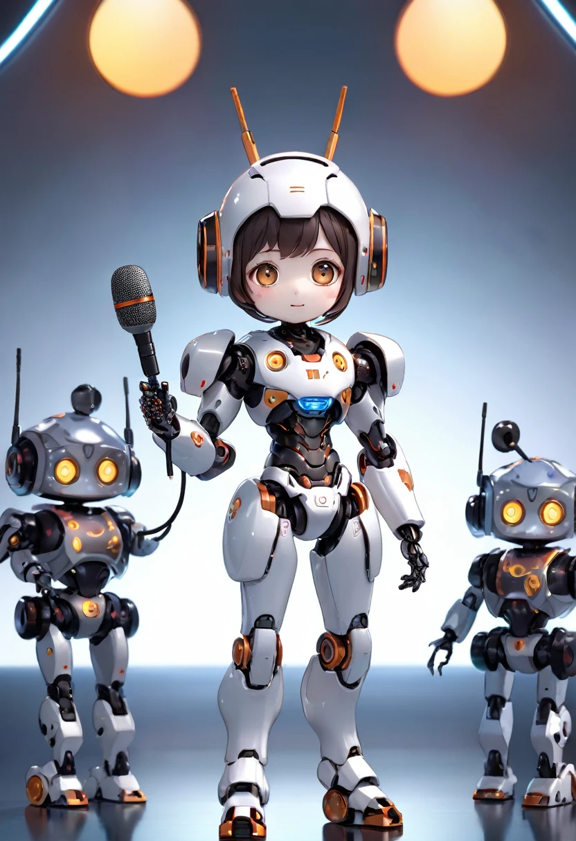 ((Dice-themed robot)), 3D Rendering, Jongsuk Lee, Digital Art, Adorable glowing creatures, Nendoroid-like style, Futuristic Gear Shiny Armor、A cute girl robot、Big eyes、antenna、Electronic display panel on chest、Holding the microphone close to his mouth while speaking、Smiling Kindly、((whole body、Background is white))、Are standing