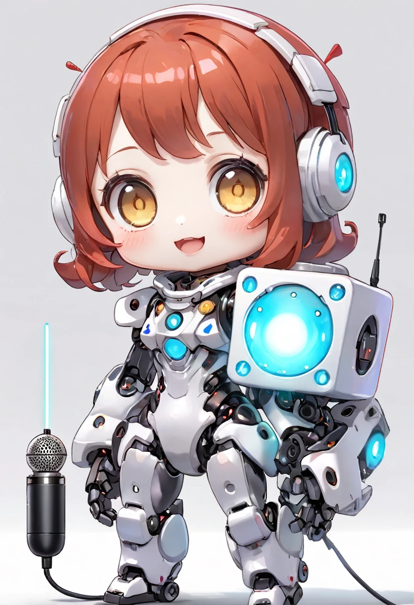 ((Dice-themed robot)), 3D Rendering, Jongsuk Lee, Digital Art, Adorable glowing creatures, Nendoroid-like style, Futuristic Gear Shiny Armor、A cute girl robot、Big eyes、antenna、Electronic display panel on chest、Holding the microphone close to his mouth while speaking、Smiling Kindly、((whole body、Background is white))、Are standing
