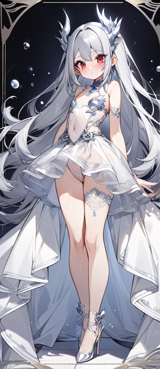 Silver Dragon Princess Character Design, woman, Silver long hair, Wearing a white lace sexy skirt, Red Eyes, Small Frame, Very thin, detailed, best quality,Loli,Sexy lace hollow transparent,High heel,Loli