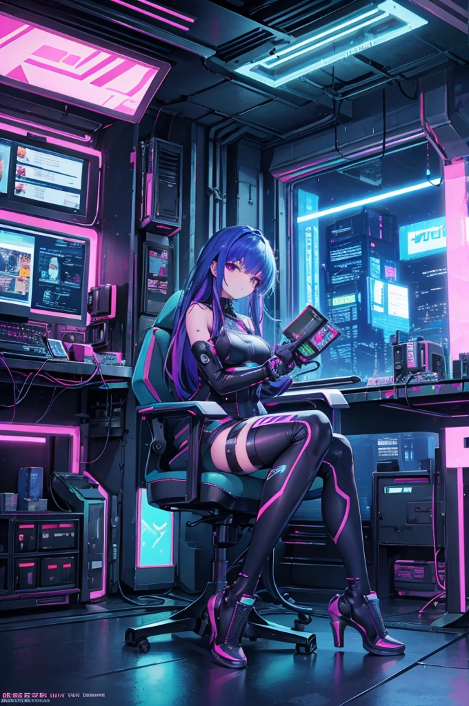 Cyberpunk style cluttered room. more neon. Many machines with unknown uses. Large windows with an open feel. It's sunny outside.beautiful woman sitting on a chair..