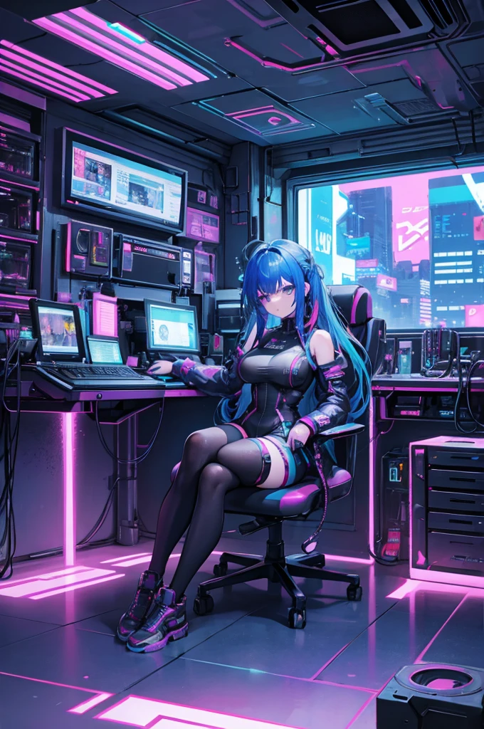 Cyberpunk style cluttered room. more neon. Many machines with unknown uses. Large windows with an open feel. It's sunny outside.beautiful woman sitting on a chair..
