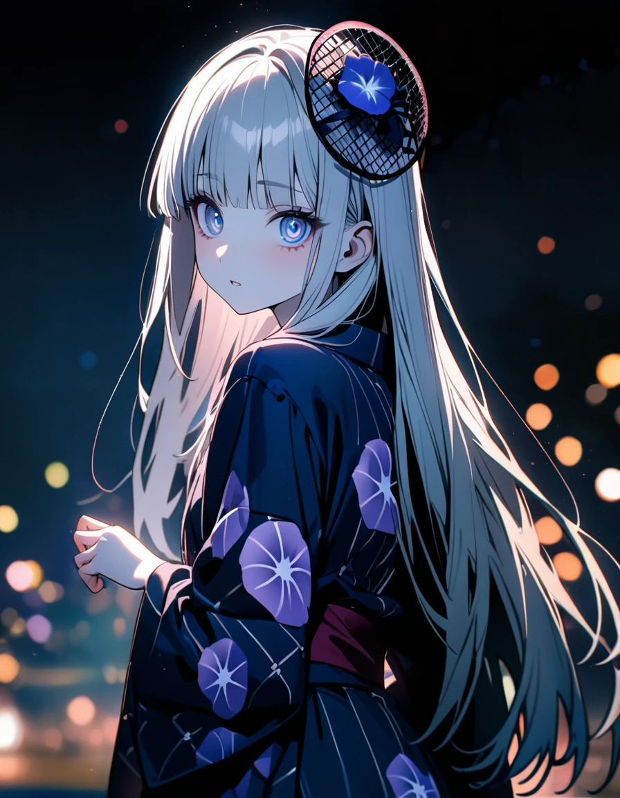 (8K, best quality, master piece: 1.2),super high resolution,1 girl,solo,,ultra-detailed face,detailed eyes,silver eyes,blunt bangs,silver hair,Straight hair,Long hair,pale skin,astonished,(black Fascinator),lash extension,parted lips,Morning glory flower pattern navy blue yukata,Japanese clothes,(long sleeve, long hem),cowboy shot,Looking back at the viewer,Extending her hand,pink rim light,Night view,(fireworks shining in the night sky)
