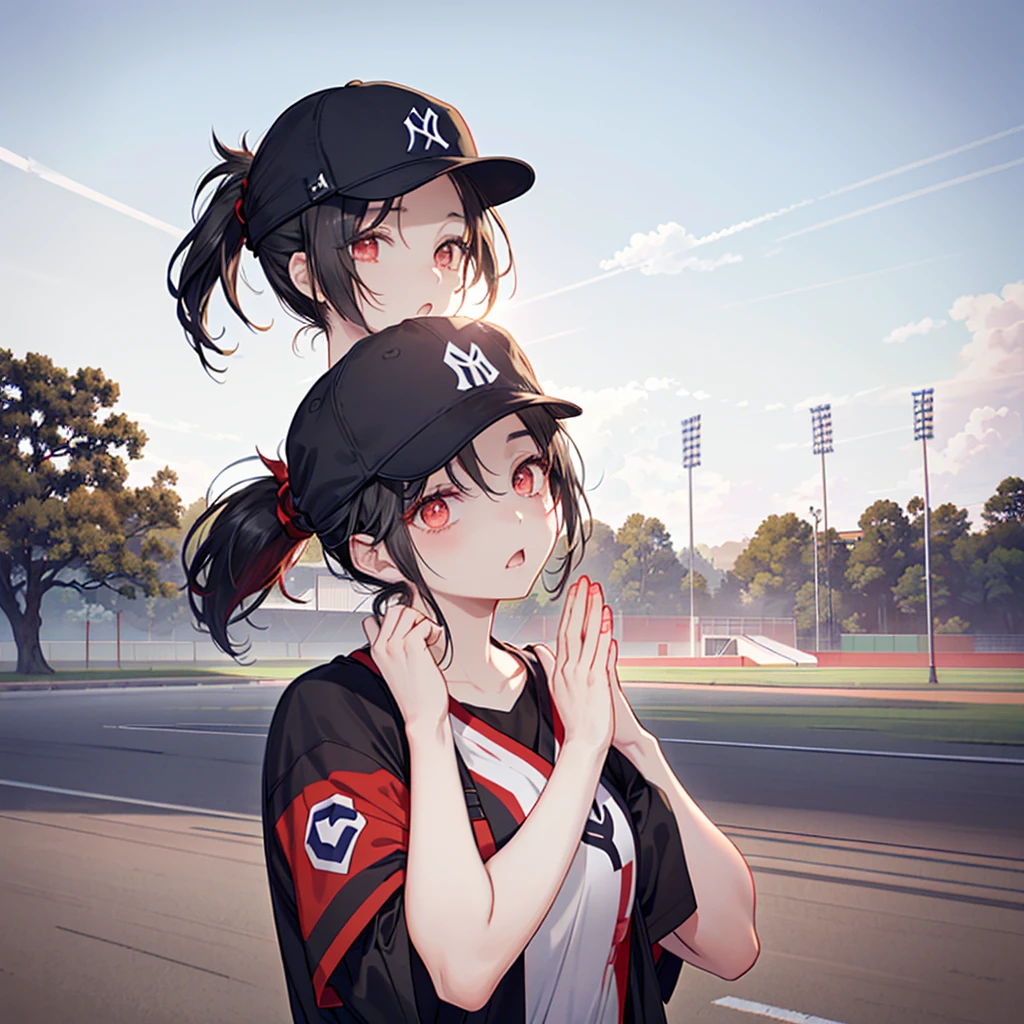 ((((Yankee、Cap)))) (((Black Hair、ponytail、Blowing in the Wind Bright red eyes、Tree Eyes expression、Realistic Open your mouth、Raise one hand))) ((baseball Ground)) Shining Edge Shining Background