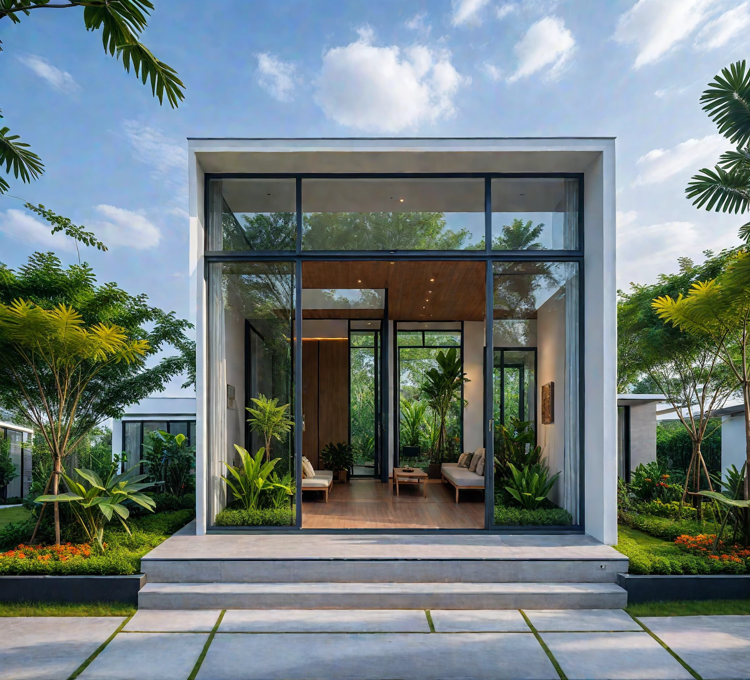 A hyper-realistic , a modern one-story house with a minimalist design, (very small house: 1.2) ,((with a facade less than 4 meters wide:1.2)), white and glass materials, wood,  The house has a flat roof, large floor-to-ceiling glass windows, The garden includes various tropical plants and trees. (house as the showroom mini furniture:1.2), front view, elevation view