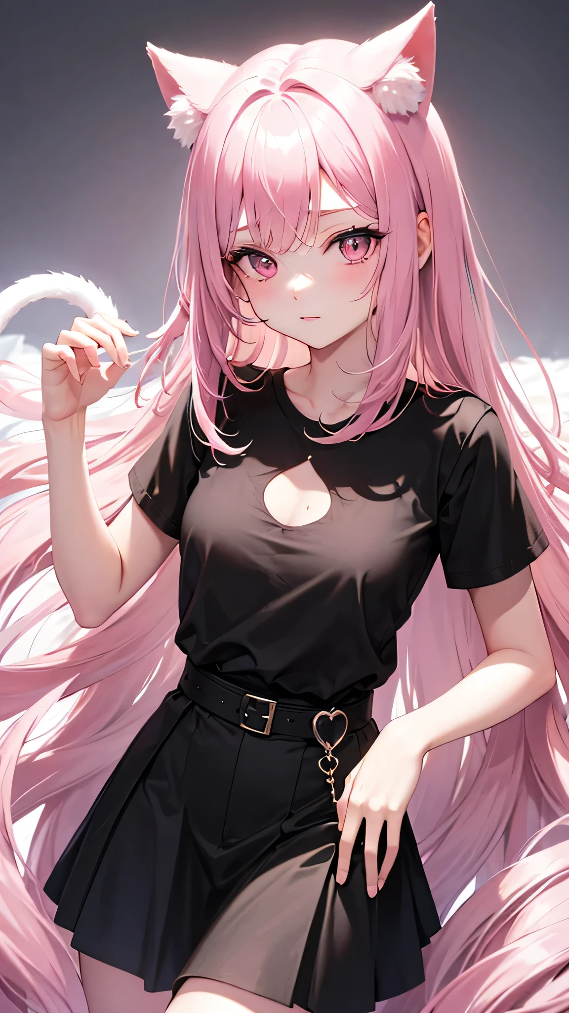 Center of chest,pretty girl,Cat ear,Beautiful silver hair,Pink inside,Beautiful pink eyes,black shirt,black skirt,dark