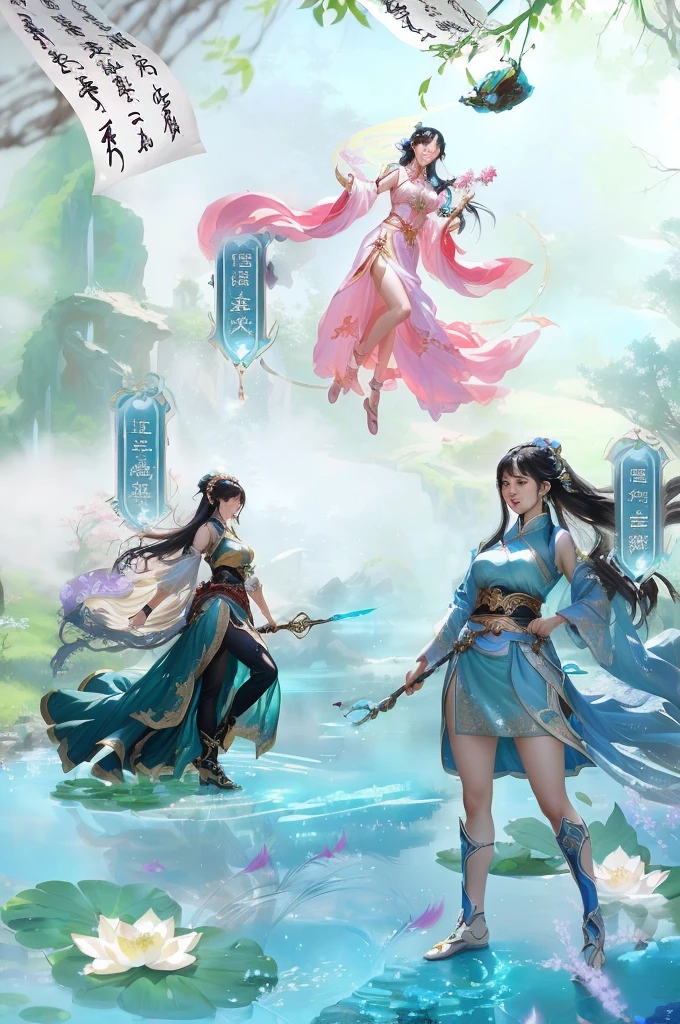 Three women in oriental costumes stand in the pond, xianxia fantasy, Chinese Fantasy, 2. 5D CGI anime fantasy artwork, Ruan Jia and Artgerm, Anime fantasy illustration, Artjem and Nguyen Gia, Fantasy art style, Popular on cgstation, A beautiful artistic illustration, by Qu Leilei, author：Yang J, Ethereal fantasy