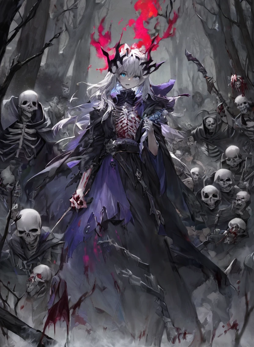 warlock dnd's patron, undead king, blue eyes glowing, dark Woods, cold gray colors, Skeleton army in background, Bloodstained dress, blood aura