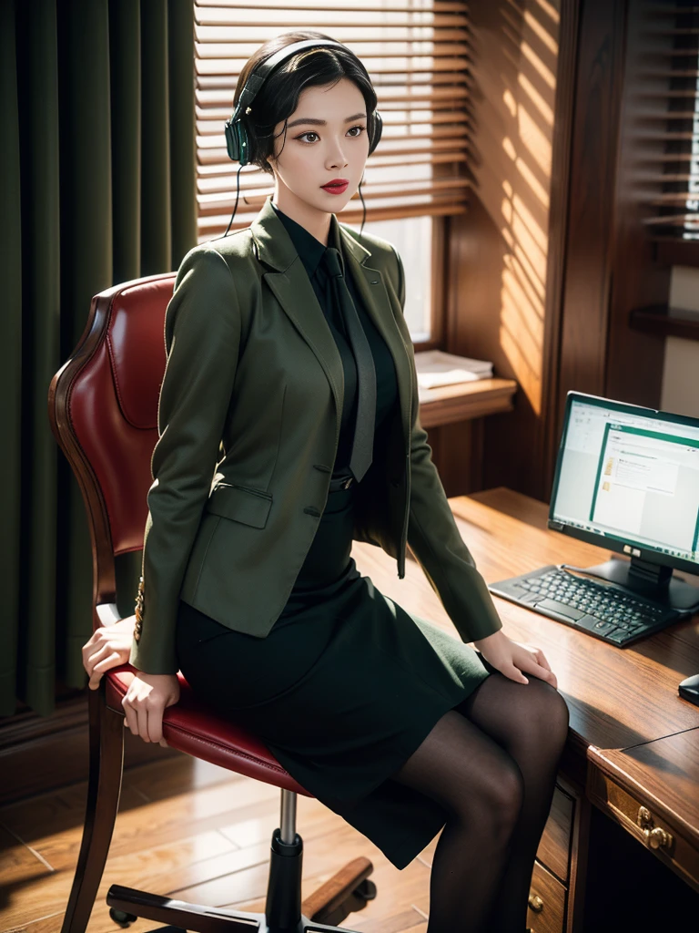 (full body),In the office, a Chinese beauty wearing a uniform, with perfect facial features, hot ass giri, lipstick, red lips, (Retro finger waves),finger waves,Deep olive green tight fitting wool jacket, a brown-green shirt,wearing (Black uniform tie),Deep Olive Green Wool Pencil Skirt, (Black high heeled knee high boots), full body, Wearing headphones on the head,Sitting in front of a computer and working, sitting in an office chair ,(Her boyfriend is standing across from her,) a girl, a boy, full body , office, night, bright lighting, Best quality, masterpiece, ultra highs, (photosensitive: 1.4), 8k portal of beautiful, integrated, elegantly, highly detailed, Majestic, art by artwork and run jia and greg rutkowski, (masterpiece, sidelighting, finely detailed beautiful eyes: 1.2), HDR, Detailed background,dressed in 1940s style clothing,Wear black headphones
