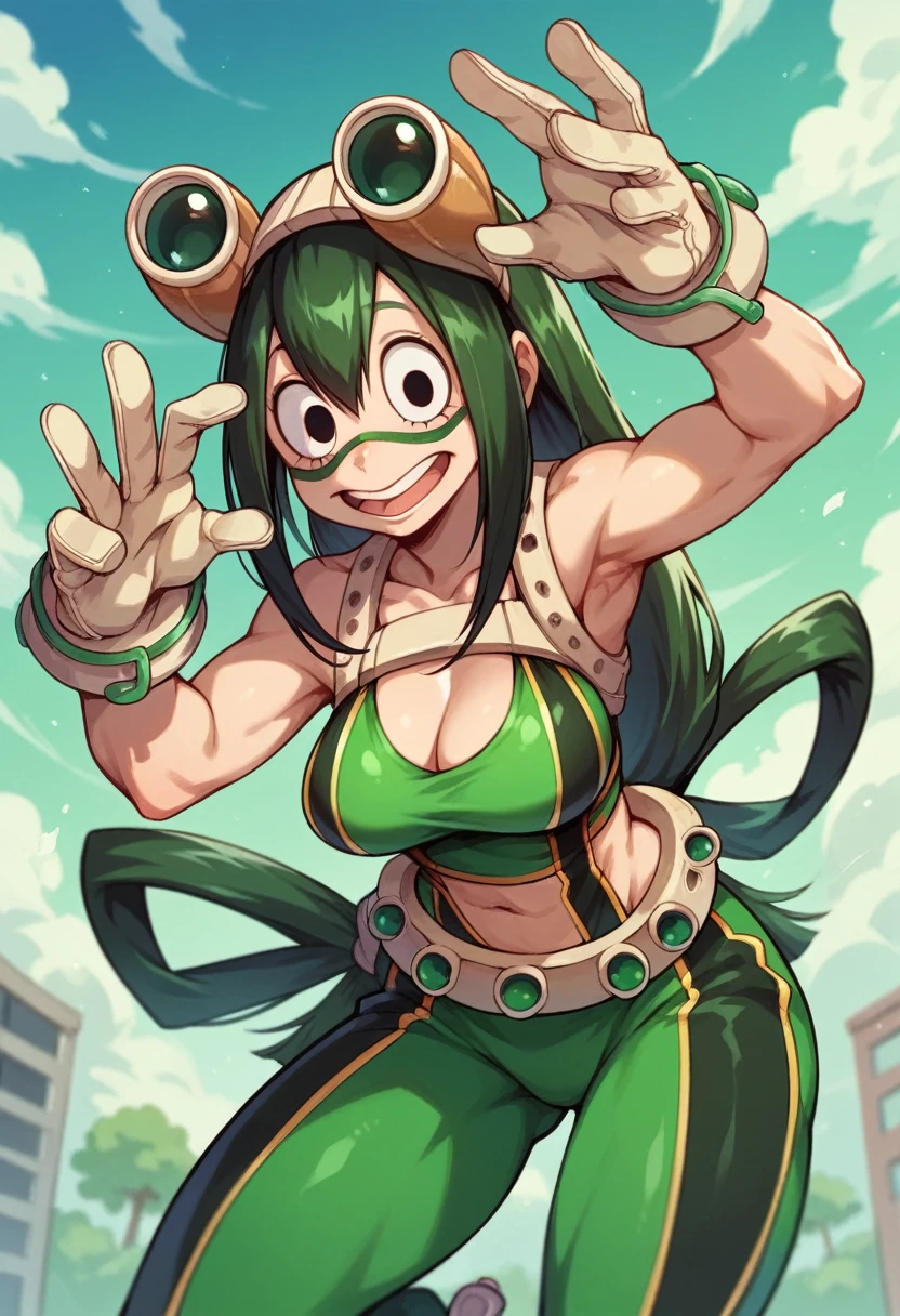 Beru Asui de My Hero Academia, Tsuyu Asui&#39;s mom, My hero in Acedemia style., Wide hips, long tongue, open mouth toned body big breasts thick thighs having vaginal sex/anal with 2 men double penetration pleasure face legs open and shaking