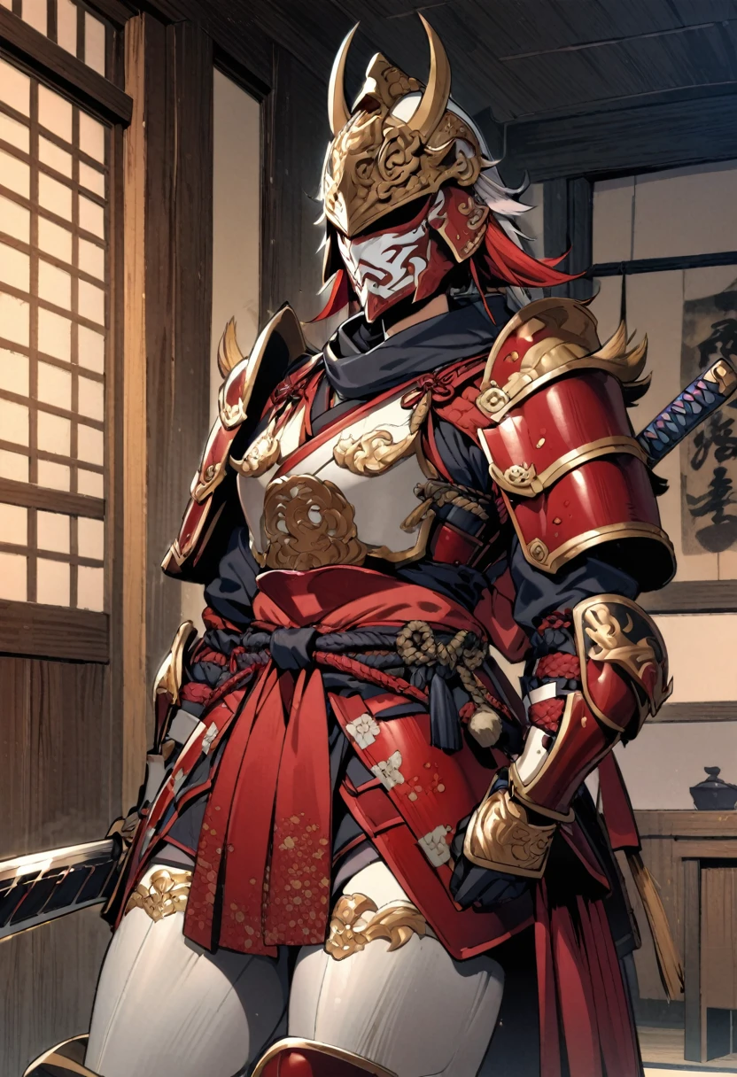 1girl, samurai \(final fantasy\), final fantasyJapanese samurai armor, Helmet, mask,Breastplate,Pauldrons,Vambraces,Gauntlets,Faulds,Cuisses,Poleyns,Greaves,ornate and detailed, with layered plates and intricate lacing. Traditional kabuto helmet with crescent moon-shaped crest. Rich colors of deep red lacquer and gold accent.,holding a ajapanese sword,japanese room,edo period,masterpiece, best quality, absurdres,