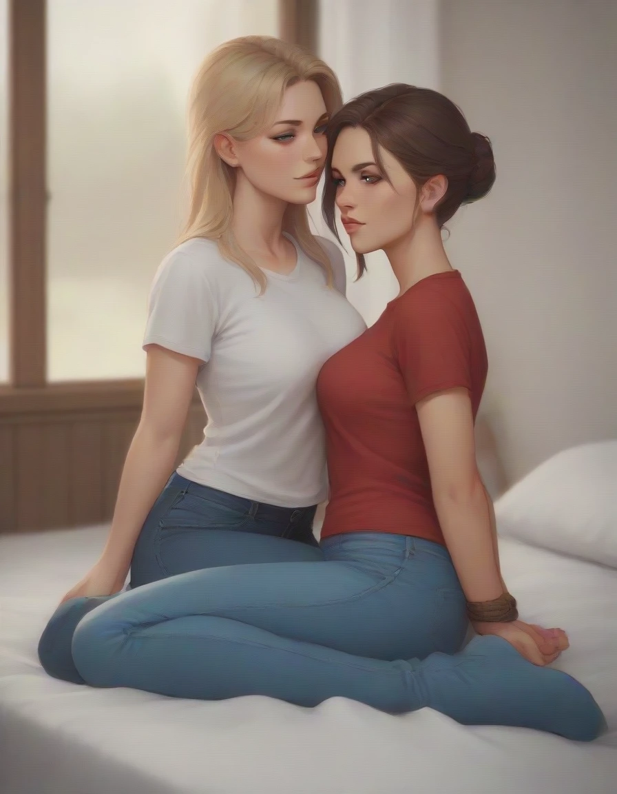 Masterpiece , highly detailed , best quality , perfect face , a beautiful women wearing short sleeves red printed t-shirt and blue jeans , in bedroom , arms bound behind back with rope , looking at camera