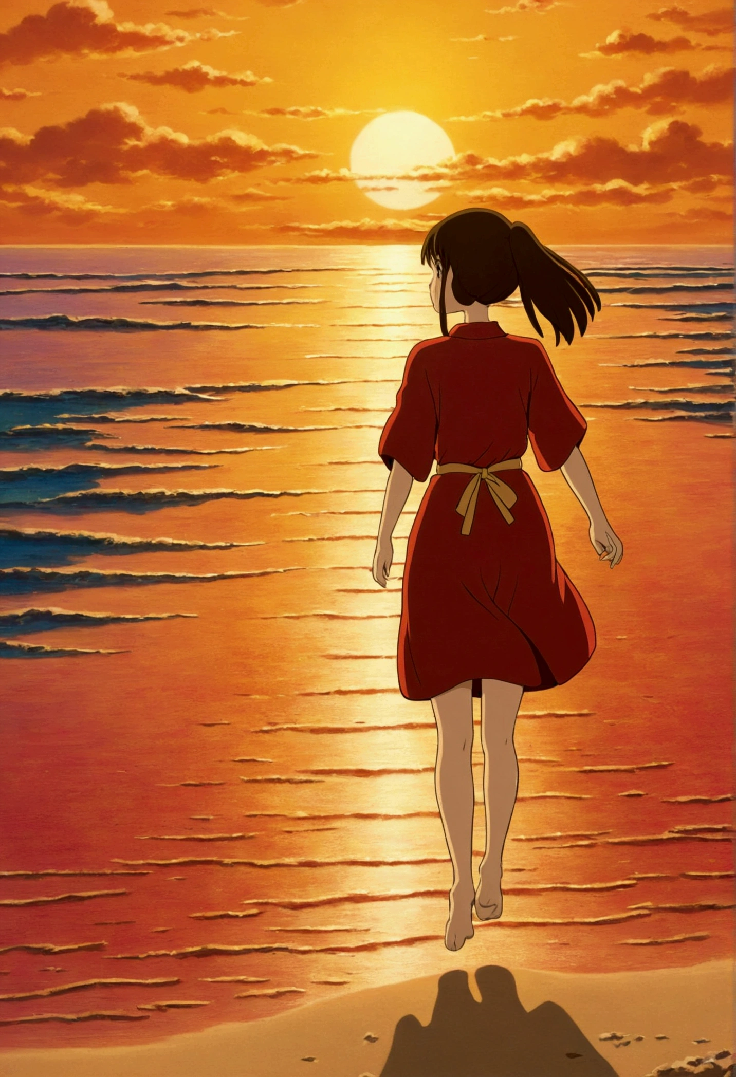 Ghibli　Sunset on the beach　girl　horizontal line