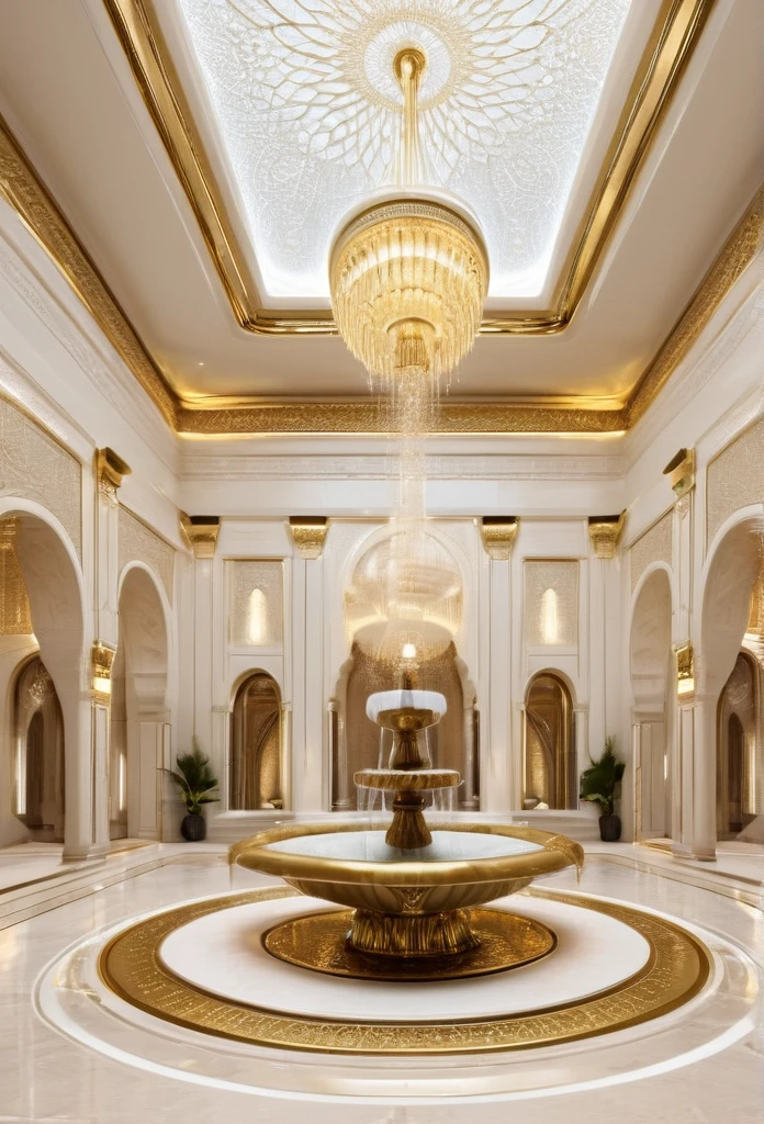 a close up of a large room with a fountain and a large building, in a futuristic desert palace, exquisitely designed throne room, luxurious environment, extremely opulent, futuristic persian palace, islamic interior design, gold and luxury materials, egyptian style, hyper luxurious, luxurious, egyptian setting, white and gold color scheme, royal interior, beautiful aesthetic design, futuristic palace