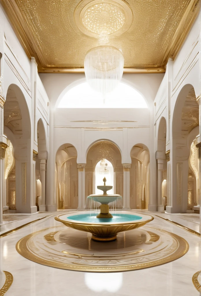 a close up of a large room with a fountain and a large building, in a futuristic desert palace, exquisitely designed throne room, luxurious environment, extremely opulent, futuristic persian palace, islamic interior design, gold and luxury materials, egyptian style, hyper luxurious, luxurious, egyptian setting, white and gold color scheme, royal interior, beautiful aesthetic design, futuristic palace