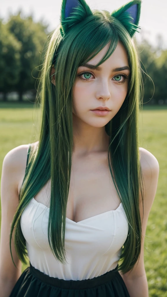 a girl. face sent feeling. Europe. Oval face. long face. delicate facial features. sad and disappointed eyes. seductively seductive. green eyes. long straight hair. green hair. Fake cat ears on head. sad expression. straight face. shy posture. outdoor