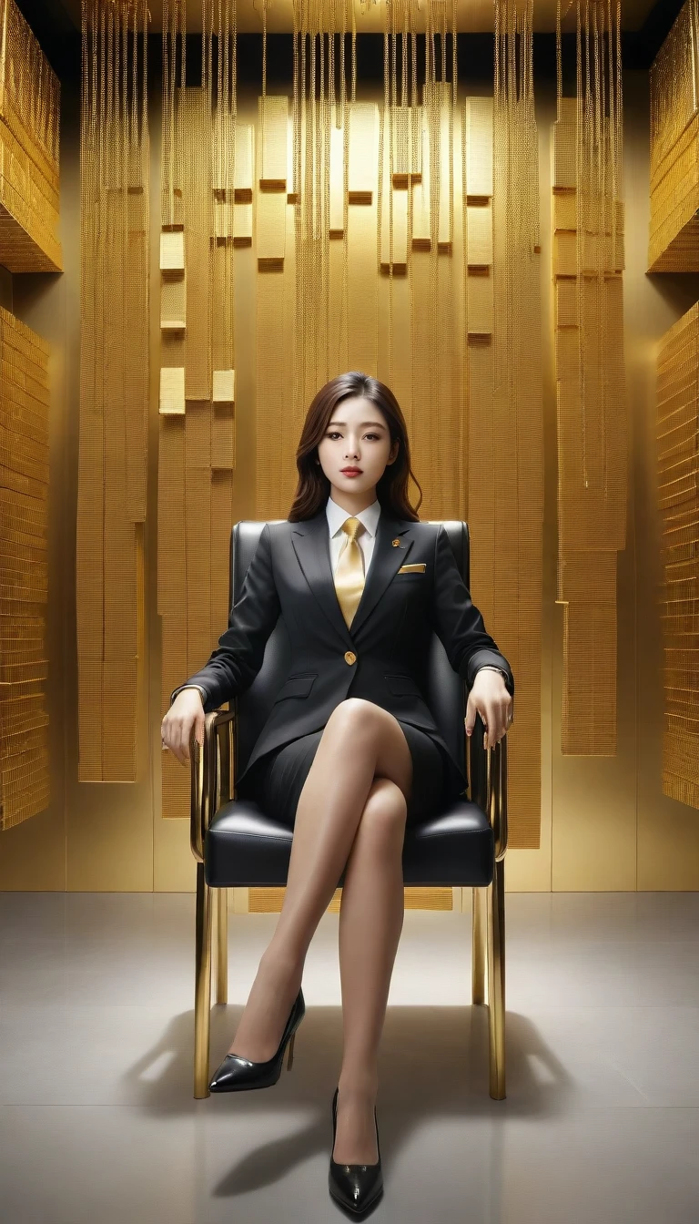 There are lots of gold bars hanging on the wall, Woman sitting on chair, Girl in suit, Girl in suit, Businesswoman, Woman in a business suit, 厳格なWearing a business suit, a Surreal , Wearing a business suit, Irelia, Jaeyoung Nam, Surreal , sakimichan, In a strict suit