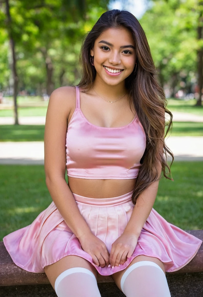 beautiful latina female , beautiful face, athletic body, long hair, smiling, wearing pink silk crop top, wearing pink silk skirt, wearing white stockings, sitting, in a busy park