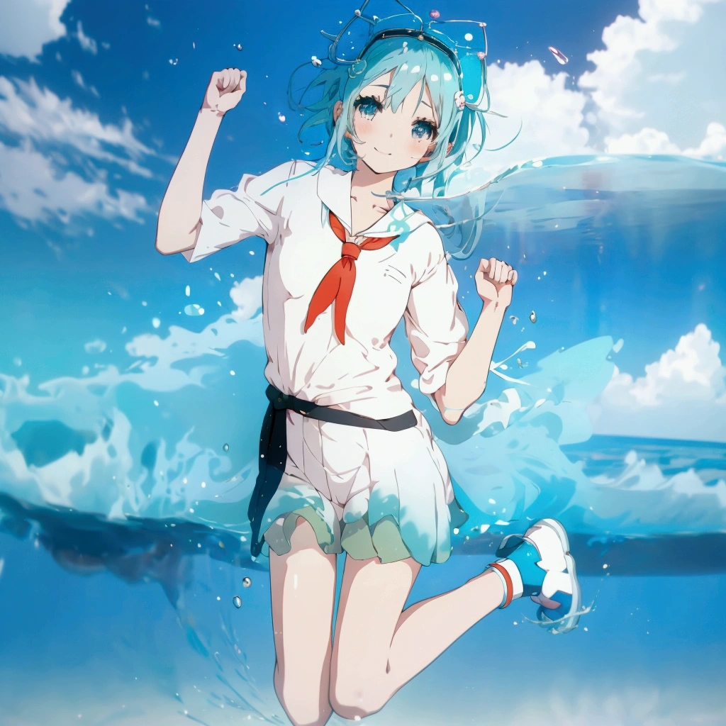 Anime girl with blue hair, white shirt and blue shoes, Jellyfish Shrine Maiden 8k, rei hiroe, Inspired by Rei Kamoi, Mikudayo, Anime girl running, Anime-style 3D, Pause(Raise the hand + Happy), 3d anime girl, Anime girl walking on water, render of a cute 3d anime girl, Anime-style characters
