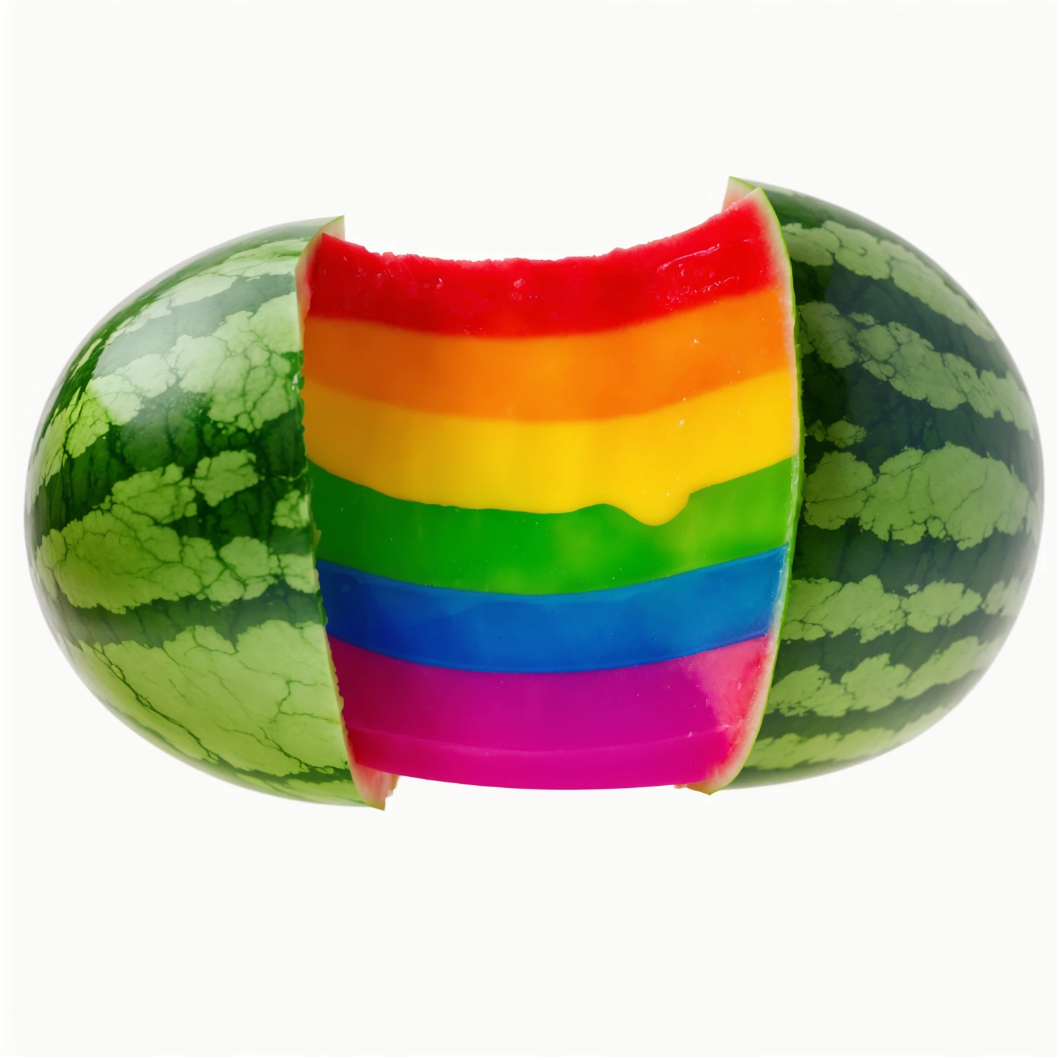 Watermelon divided into two parts, Rainbow gum comes out of a watermelon, stretch rainbow gum, on a white background, high-quality render, high-quality render, bright lighting, Realistic style , realistic texture, detailed texture, a high resolution, high quality, macro photography