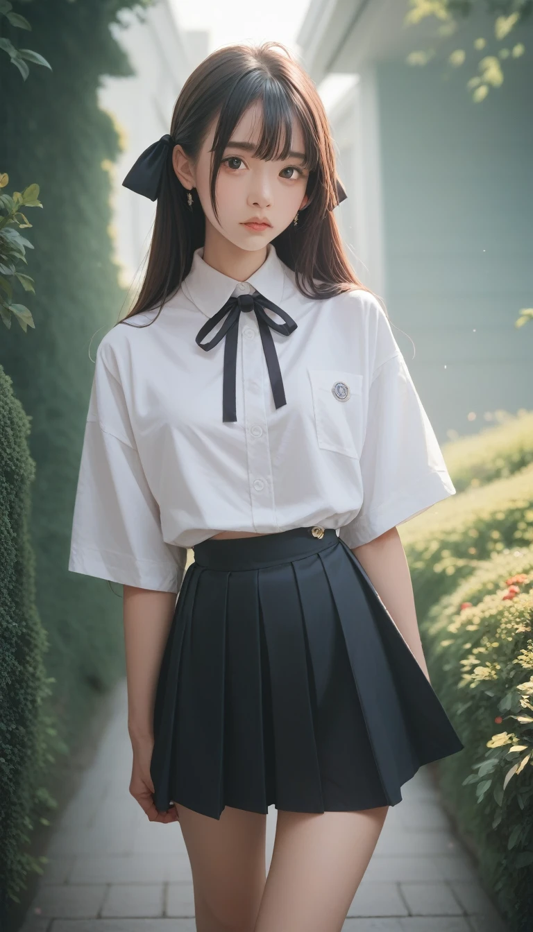 score_9_up, score_8_up, score_7_up, score_6_up,masterpiece, high resolution, high quality, Extremely detailed, Red mini skirt, Black Ribbon, White shirt,