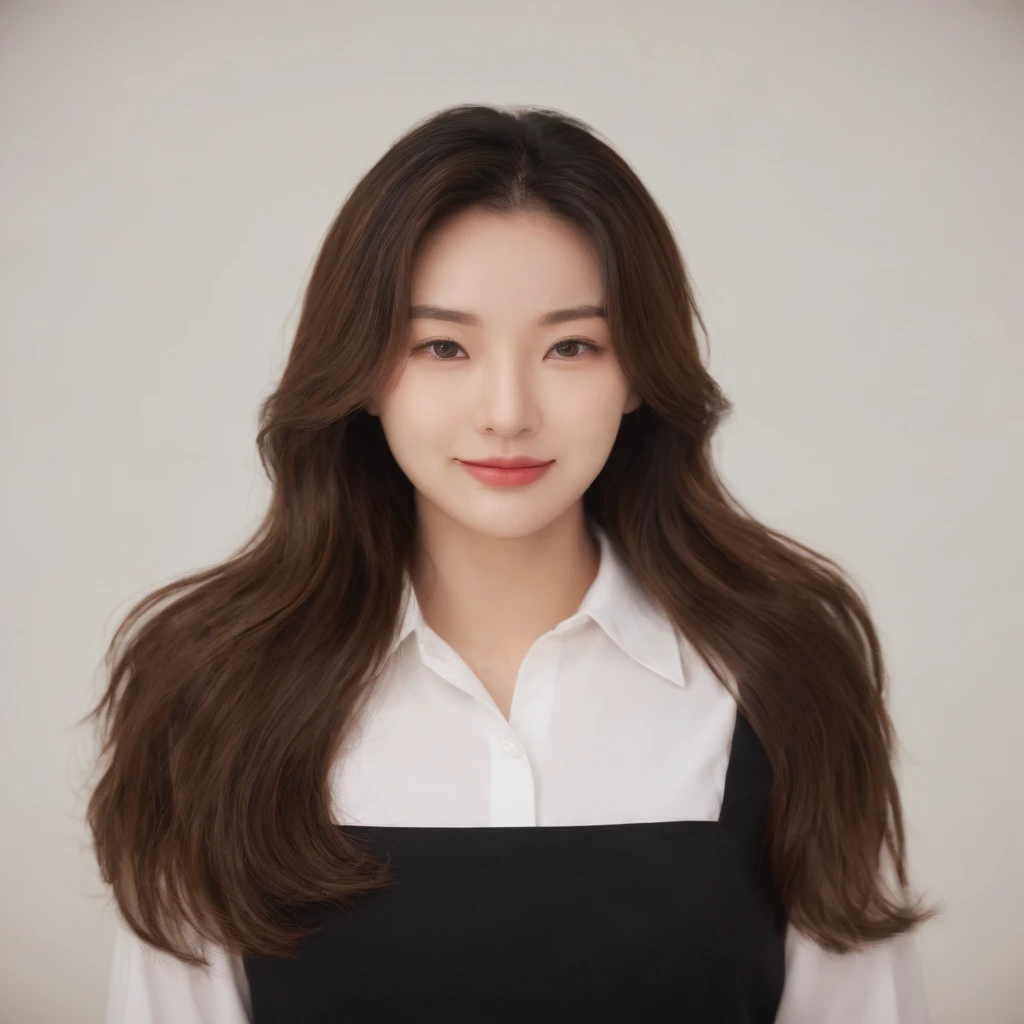 Best Quality, 8k, Masterpiece, (Portrait: 1.3), (photo realistic:1.4), (hyper realistic:1.4), Sharp Focus, looking at viewer, (smoother lighting:1.1), (increase cinematic lighting quality:0.9), realistic lighting, backlighting, light on face, ray trace, (brightening light:1.2), (Increase quality:1.4), sharp detail, (best quality real texture skin:1.4), finely detailed eyes, black_eyes, finely detailed face, 25 year old Korean woman, (white formal_shirt:1.4), (Create an image maintaining the original base model hairstyle:1.5)