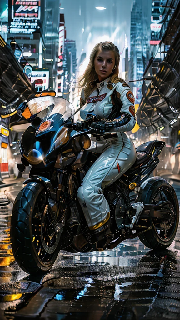 beautiful blonde, 25 year old, American woman, motorcycle racing outfit, sitting on a big motorcycle, Daredevils, realistic, 8k, koda photo, photo realistic, slim body, fit, large breast, big motorcycle