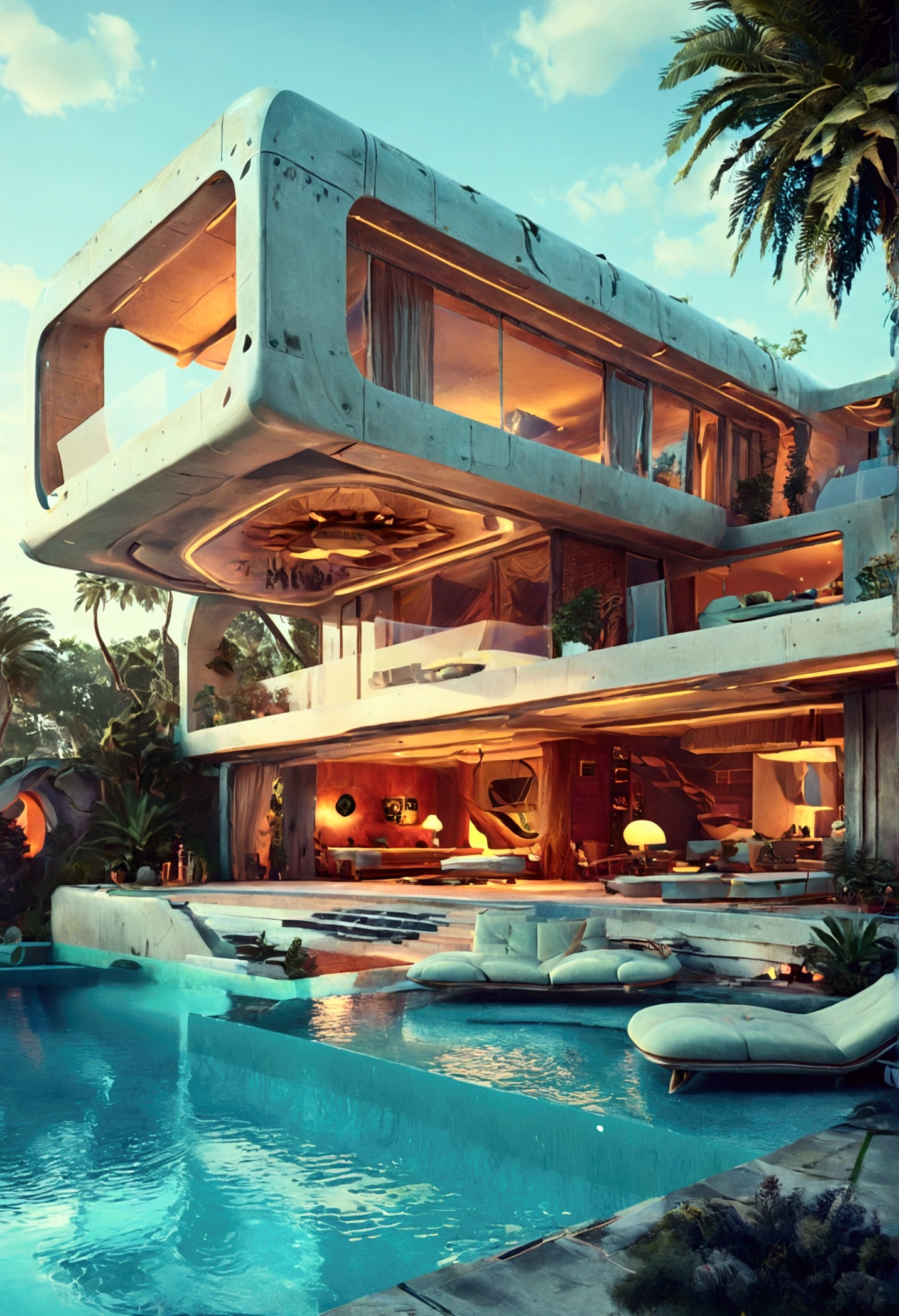 nomadic house- retro futuristic- pool- exotic environment 