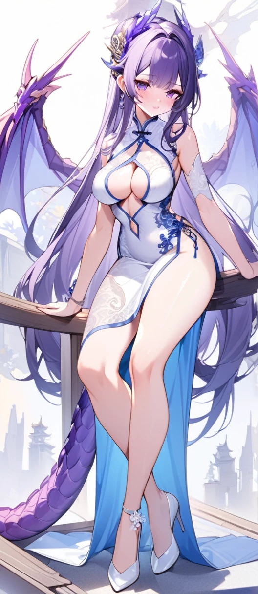 Female character: Princess Purple Dragon，design，Sexually interesting，White lace cutout，Super tight sexy blue and white porcelain cheongsam